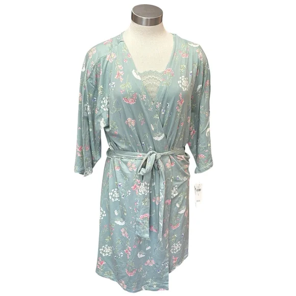 NWT Flora Nikrooz Anthropologie Women's Robe & Cami Sage Green Floral Sz. L - Picture 1 of 16